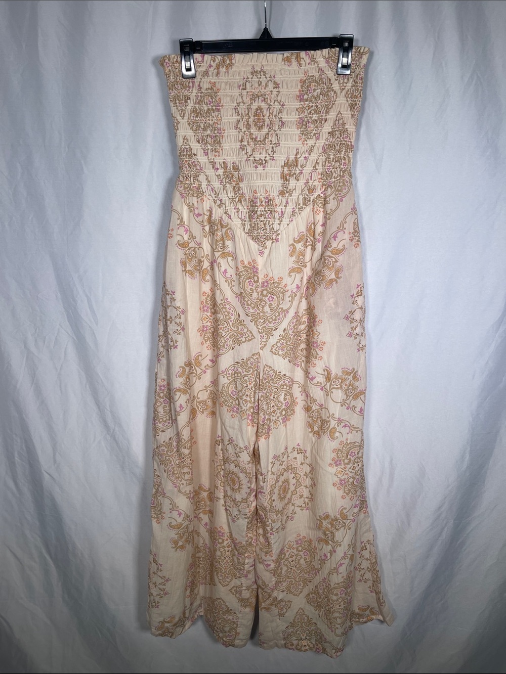 AMERICAN EAGLE WOMENS BOHO STRAPLESS SMOCKED JUMPSUIT WIDE LEG MEDIUM PINK CREAM